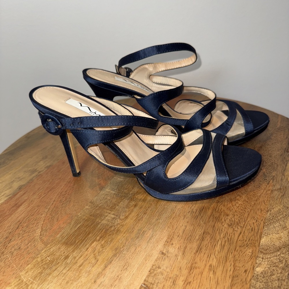 Nina dress heeled sandals Navy Blue Mesh New Stray, Satin‎ Leather 11M 4.5" Heel